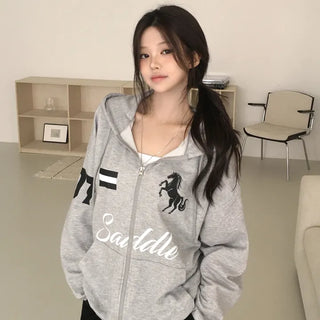 Horse Print Number Print Lettering Two-way Unisex Boxy Oversized Zip-up Hoodie for Transitional Season