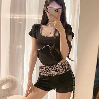 Hot Leopard Crop Slim Top & Folding Shirred Shorts Two-piece Set