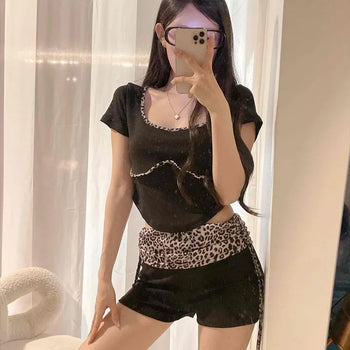 Hot Leopard Crop Slim Top & Folding Shirred Shorts Two-piece Set