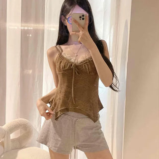 *Recommended in Person* Rabbit Layered Lace Shirred Asymmetrical Sleeveless Top