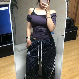 Dot Sideline Elastic Drawstring Cotton Wide Training Long Pants