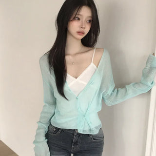 Innocent Mood, Two-way Wrap Ribbed See-through Deep V-neck Slim Delicate Fit Salanta Knit Cardigan
