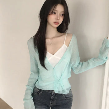 Innocent Mood, Two-way Wrap Ribbed See-through Deep V-neck Slim Delicate Fit Salanta Knit Cardigan