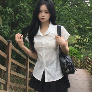 Innocent Mood, See-through Roll-up Back Ribbon Slim Delicate Fit Blouse Short Sleeve Shirt