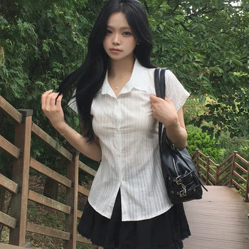 Innocent Mood, See-through Roll-up Back Ribbon Slim Delicate Fit Blouse Short Sleeve Shirt