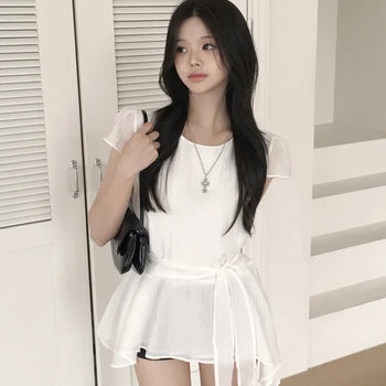 Feminine Mood, Waist-Cinching Ribbon Strap Tie Set Flare Frill Short Sleeve Blouse