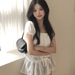Delicate~ Deep U-neck Off-shoulder Waist Ribbon Strap Cinched Waist Feminine Fit Flare Frill Short Sleeve Blouse