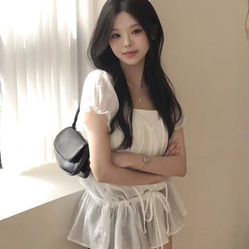 Delicate~ Deep U-neck Off-shoulder Waist Ribbon Strap Cinched Waist Feminine Fit Flare Frill Short Sleeve Blouse