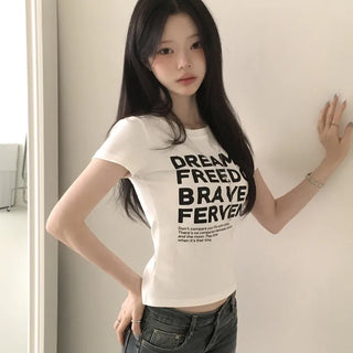 Effortless Chic, Lettering Round Neck Delicate Slim Fit Short Sleeve T-shirt
