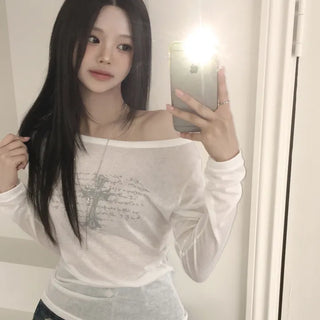 Effortless Chic, One-off Shoulder Lip Neck See-through Cross Lettering Delicate Slim Fit Long Sleeve T-shirt