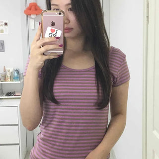 Striped Stretchy Knit Slim Fit Round Neck Short Sleeve Tee