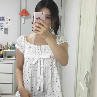 Dot Cotton Puff Shirred Ribbon Square Neck Loose Fit Blouse