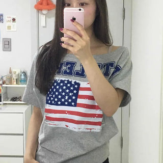 Boat Neck Crop Lettering Graphic Short Sleeve Tee