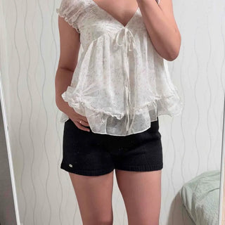 Chiffon Floral Frill Shirring Elastic Lace See-through Cap Sleeve V-Neck Loose Fit Blouse