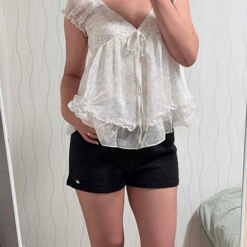 Chiffon Floral Frill Shirring Elastic Lace See-through Cap Sleeve V-Neck Loose Fit Blouse
