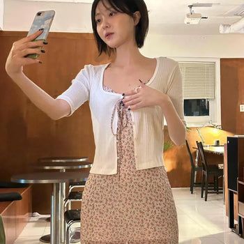 Small Floral Chiffon Sleeveless V-Neck Shirred Ribbon Slim Fit Mini Dress