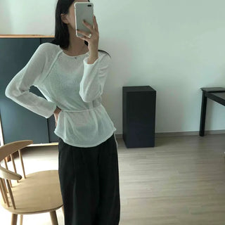Boucle See-through Strap Ribbon Loose Fit Round Neck Knit