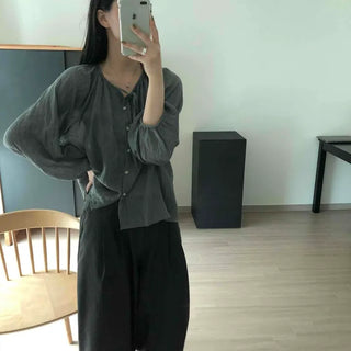 V-neck Puff Sleeve Shirred Ribbon Frill Chiffon Loose Fit Blouse
