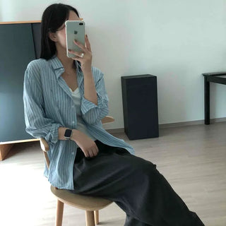 Seersucker Striped Collar Pocket Oversized Shirt