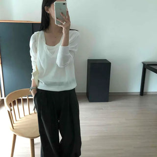 Deep V-Neck Button Loose Fit Layered Long Sleeve Knit