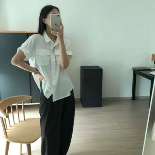 Loose Fit Roll-Up Sleeve Two-Pocket Button Crisp Cotton Crop Shirt