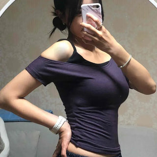 Melrose Color Block One-Off Shoulder Layered Short Sleeve T-shirt