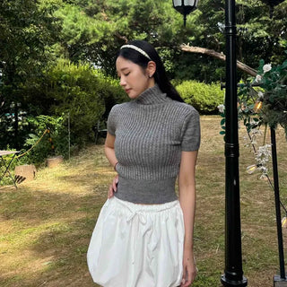 Viette Ribbed Turtleneck Crop Short Sleeve Knit