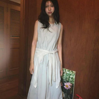 Linen Round Neck Waist Tie A-Line Loose Fit Long Dress