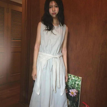 Linen Round Neck Waist Tie A-Line Loose Fit Long Dress