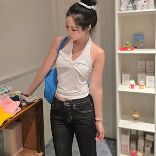 Twist V-Neck Shirred Halter Neck Crop Top