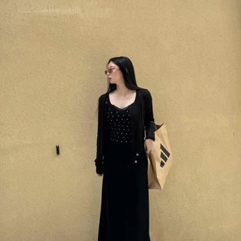 Low-Rise Button Belt H-Line Knit Maxi Long Skirt