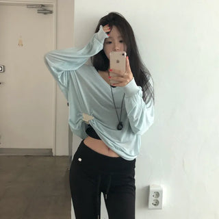 Mint Chocolate Deep V-Neck See-through Sweatshirt for Transitional Season