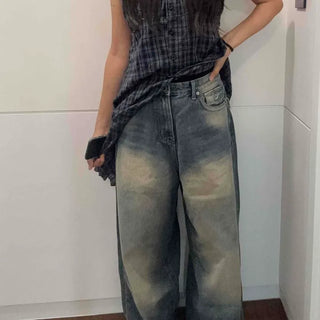 Balloon Mid-Rise Vintage Wash Back Pocket Button Zipper Cotton Jeans