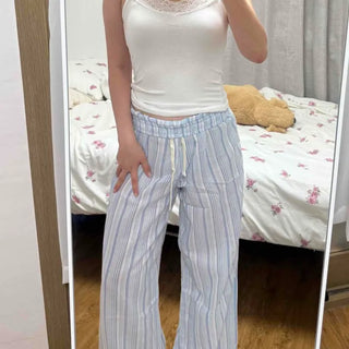 Striped Frill Elastic String Wide Long Pants