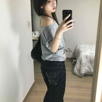 Low-rise Bootcut Dark Blue Union Metal Rivet Back Pocket Jeans