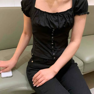 Square Neck Snap Button Puff Delicate Fit Short Sleeve T-shirt