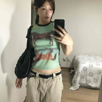 Color Block Graphic Print Slim Fit Crop Short Sleeve Tee