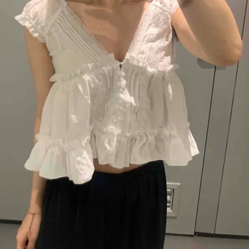 Lace Frill Pintuck Shirring Button Cap Sleeve V-Neck Loose Fit Crop Blouse