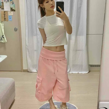 Cotton Cargo Turn-up Loose Fit Wide Shorts