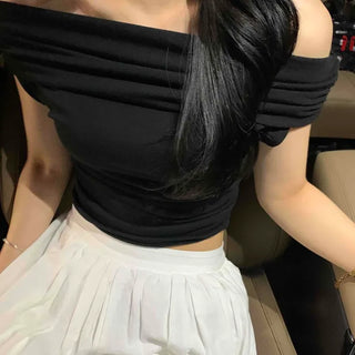 Boat Neck Cap Sleeve Shirred Crop Short Sleeve Tee