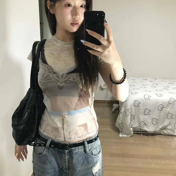 Graphic Print Button Crop Set Short Sleeve Tee