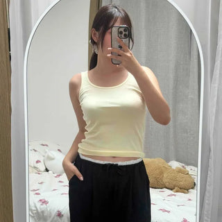 Ribbed Stretchy U-Neck Semi-Crop Sleeveless Top for Inner Layering