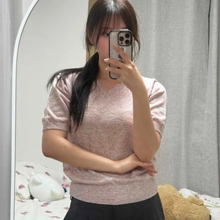 Cashmere V-Neck Short Sleeve Loose Fit Cozy Knit