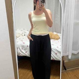 Nylon Contrast Crispy Elastic Waist Low-Rise Wide Long Pants