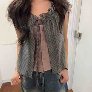 Cotton Check Shirred Ribbon Cap Sleeve Loose Fit Blouse