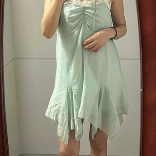 Sleeveless Lace Frill Bead Asymmetrical Chiffon Mini Dress