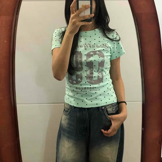 Cotton Logo Lettering Crop Round Neck Slim Fit Short Sleeve T-shirt