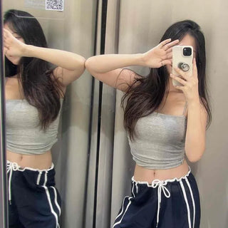 Cotton Square Neck Shirred Padded Sleeveless Top  Layered Slim Fit Semi-Crop Sleeveless