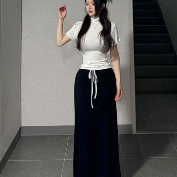 Navy Contrast Straight Maxi Long Skirt