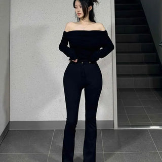High-waisted Slim-fit Zipper Pocket Synthetic Bootcut Long Pants